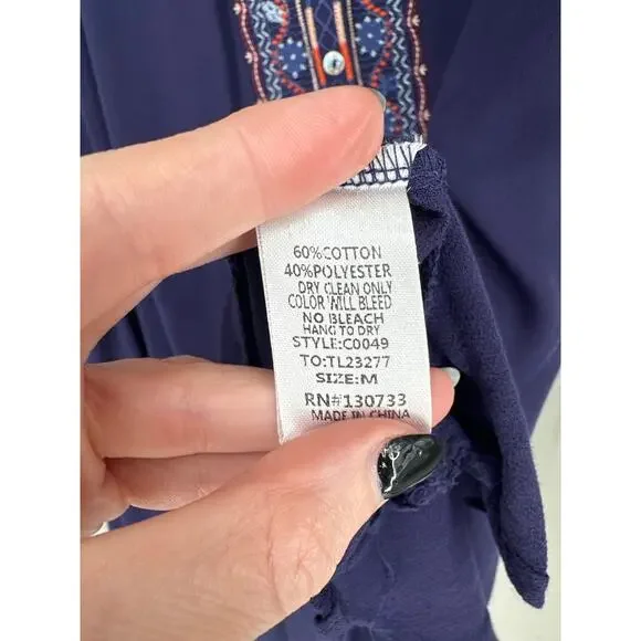 Umgee Top Womens Medium Navy Blue Tunic Flowy Embroidered Boho Bohemian Button - Picture 6 of 8